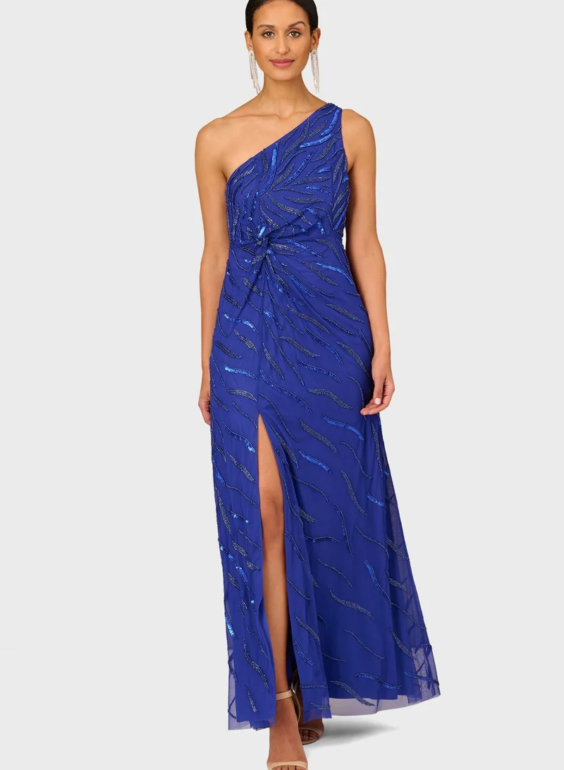 sachin and babi light blue dress Aidan Mattox Satin One-Shoulder Column Gown main image 0