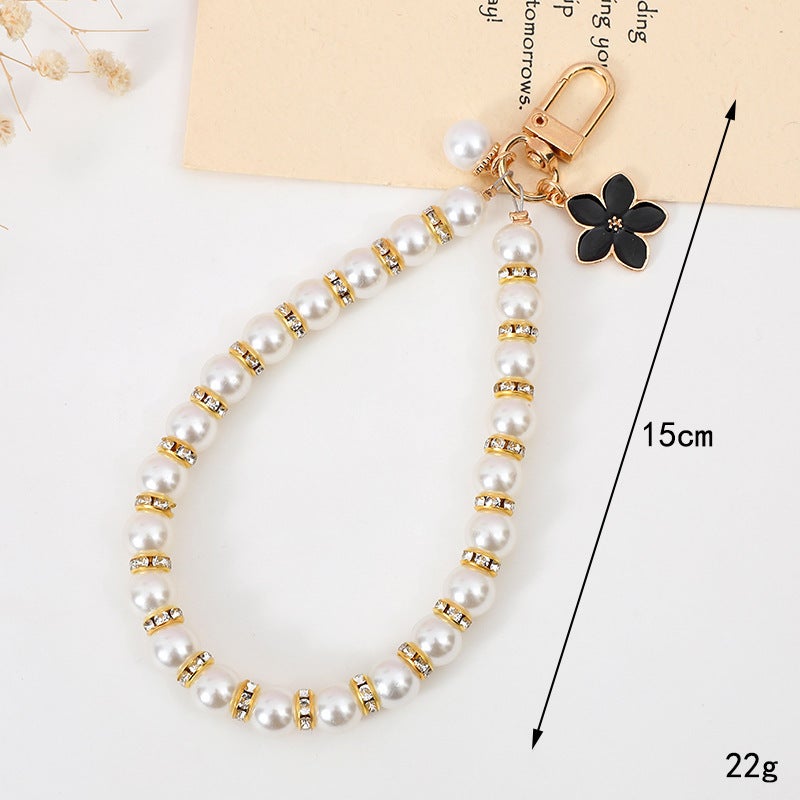 Chic Pearl Flower Bead Charm Phone Case Keychain K1959 gold diamond ring pearl chain pendant black flower