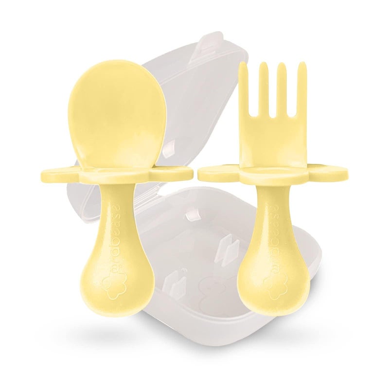 Grabease Baby Feeding Utensils Set - Infant and Baby Fork and Spoon for Ages 1-11 Months, BPAs and Phthalate-Free Cutlery, Plastic, 1 Set, Yellow - Image 1