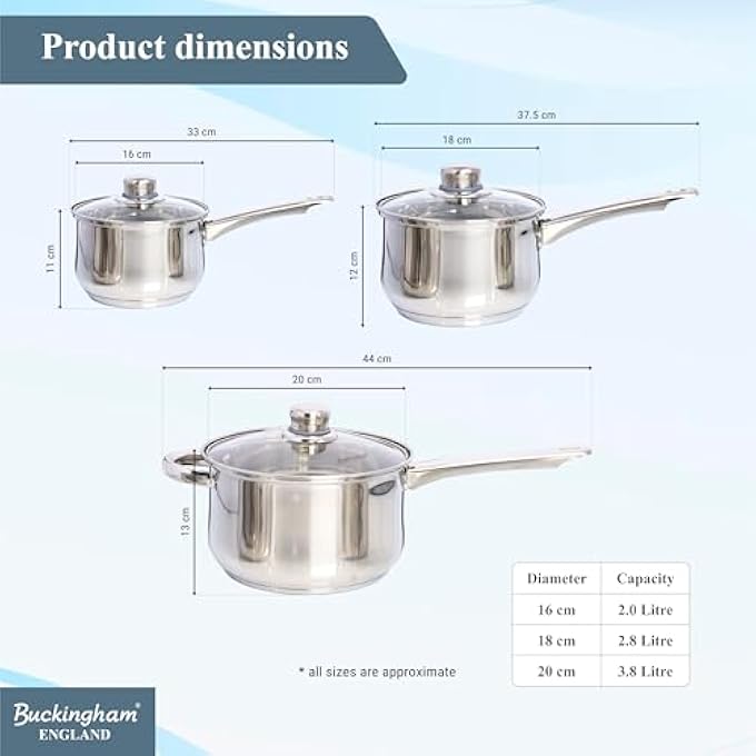 Buckingham 3Piece Deep Saucepan Set Induction Compatible Stainless Steel Cookware Pan Pot Set Premium Quality Silver - Image 2