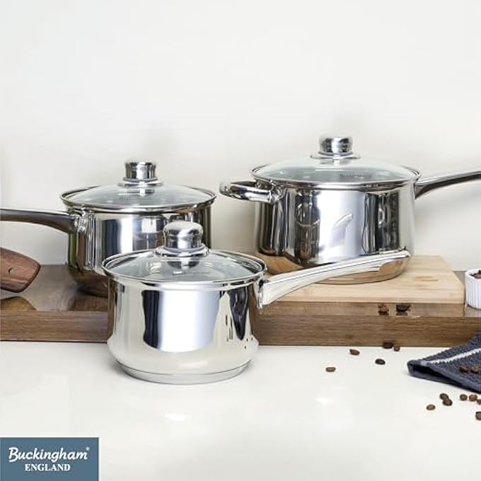 Buckingham 3Piece Deep Saucepan Set Induction Compatible Stainless Steel Cookware Pan Pot Set Premium Quality Silver - Image 5