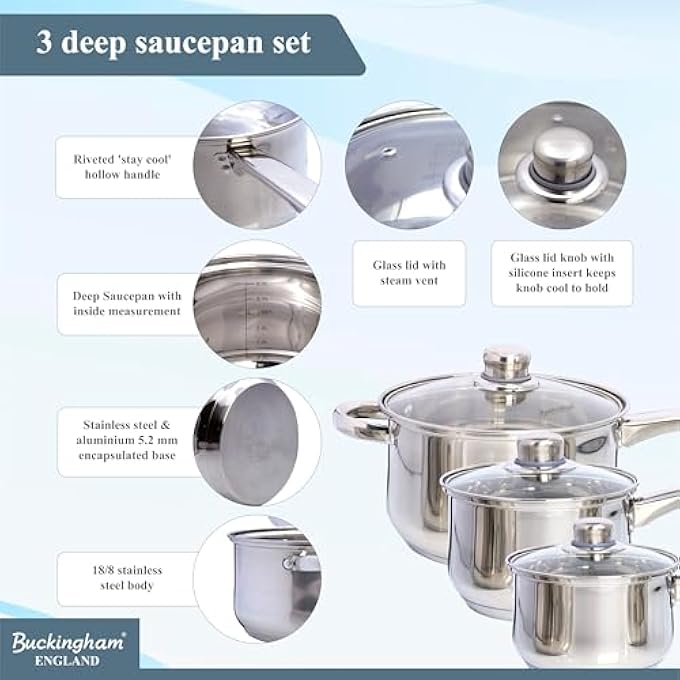 Buckingham 3Piece Deep Saucepan Set Induction Compatible Stainless Steel Cookware Pan Pot Set Premium Quality Silver - Image 3