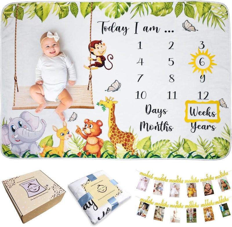 AJS Tots Baby Monthly Milestone Blanket for Boy or Girl Gender Neutral Gift for Babies Shower First Year Baby Growth Blanket Photo Banner for Pictures Includes Soft Flannel Wrinkle Free 60x40 - Image 1