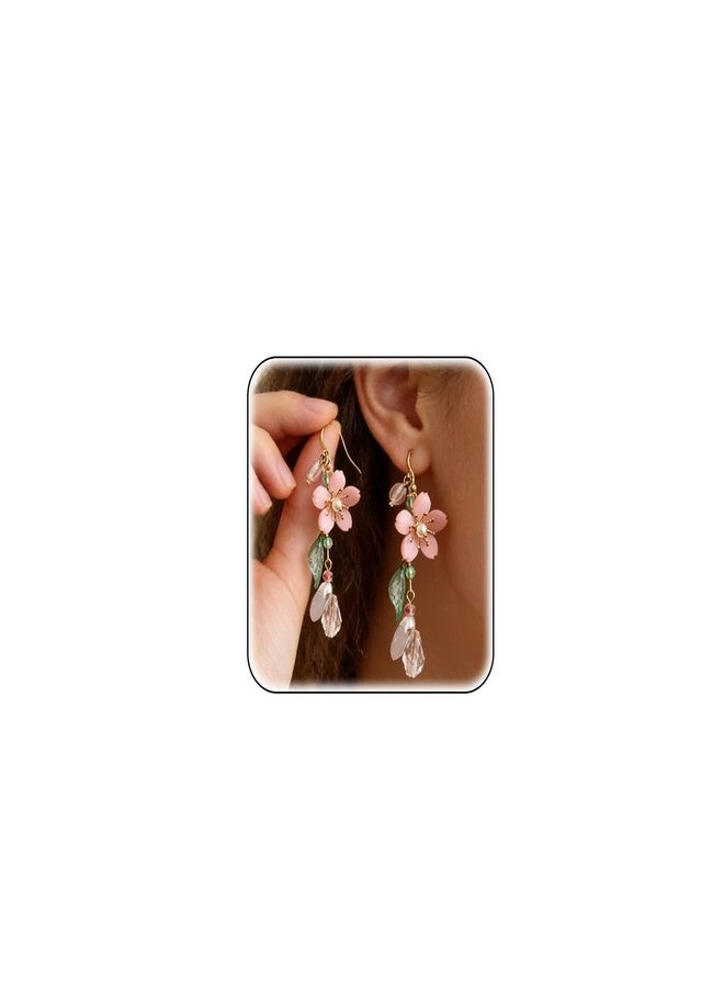 HTH Rose Dangle Earrings 14k Gold Plated Pearl Flower Tassel Statement Earrings for Women Girls(B-Peach,Pink) - Image 1