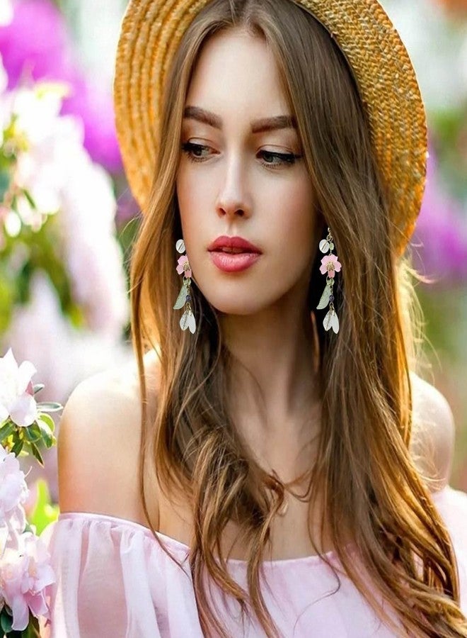 HTH Rose Dangle Earrings 14k Gold Plated Pearl Flower Tassel Statement Earrings for Women Girls(B-Peach,Pink) - Image 4