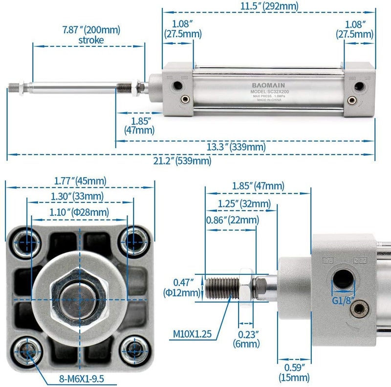 Baomain Pneumatic Air Cylinder SC 32-200,PT 1/8, Bore 1 1/4 inch(32mm), Stroke 8 inch(200mm), Dual Action 1 Mpa,for Industrial Machinery - Image 4
