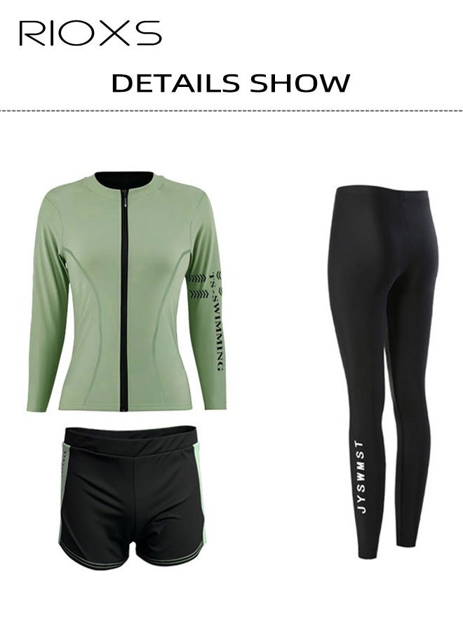 RIOXS 3-piece Women's Modest Long-Sleeve Swimwear Set with UPF Sun Protection,  High-Waisted Bottoms for a Flattering Silhouette, Quick-Dry Ocean Fishing Sun Protection Set, Form-Fitting Long Pants and Underwear to Prevent Embarrassing Situations, Chafing-Resistant Wetsuit, Full-Coverage Active Swimwear for Snorkeling, Surfing, Beach Yoga, and Pool Workouts, Green - Image 2