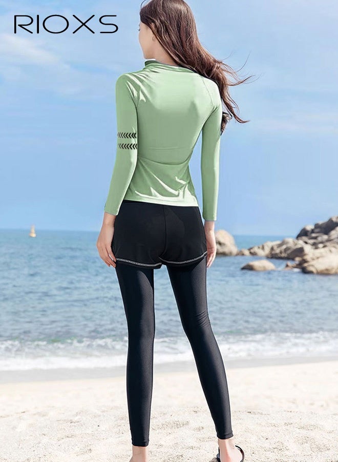 RIOXS 3-piece Women's Modest Long-Sleeve Swimwear Set with UPF Sun Protection,  High-Waisted Bottoms for a Flattering Silhouette, Quick-Dry Ocean Fishing Sun Protection Set, Form-Fitting Long Pants and Underwear to Prevent Embarrassing Situations, Chafing-Resistant Wetsuit, Full-Coverage Active Swimwear for Snorkeling, Surfing, Beach Yoga, and Pool Workouts, Green - Image 3