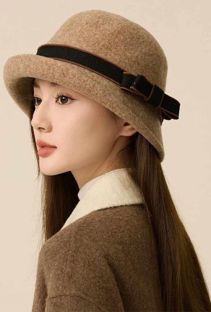 Pocadri Women Vintage Felt Cloche Hats Winter Fall Solid Fedora Bucket Caps Elegant Bowler Hat Bowknot - Image 3