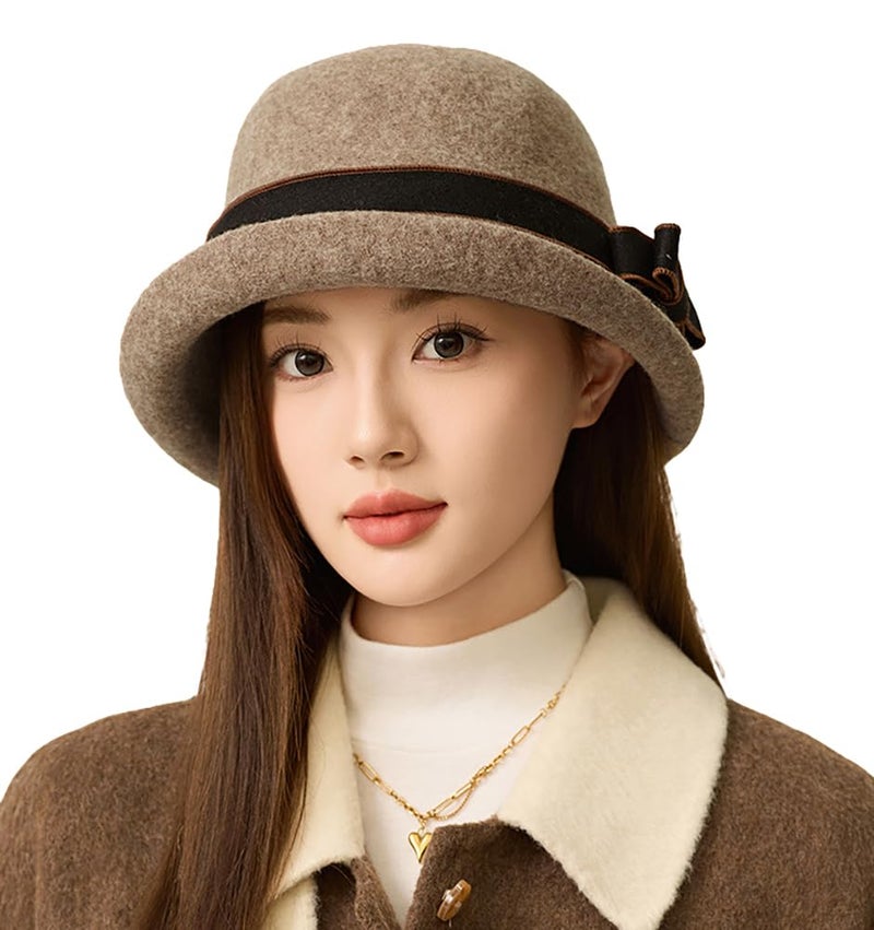 Pocadri Women Vintage Felt Cloche Hats Winter Fall Solid Fedora Bucket Caps Elegant Bowler Hat Bowknot - Image 1