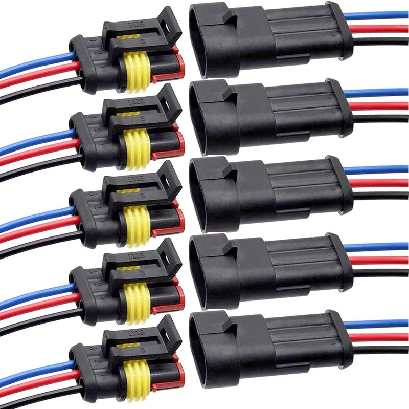 ZOZOE 5 مجموعة موصل سيارة 3 دبابيس موصل كهربائي مقاوم للماء، موصل ذكر وأنثى سلك 18 AWG لمقبس الشاحنة والدراجة النارية والقارب وغيرها من اتصالات الأسلاك - Image 1