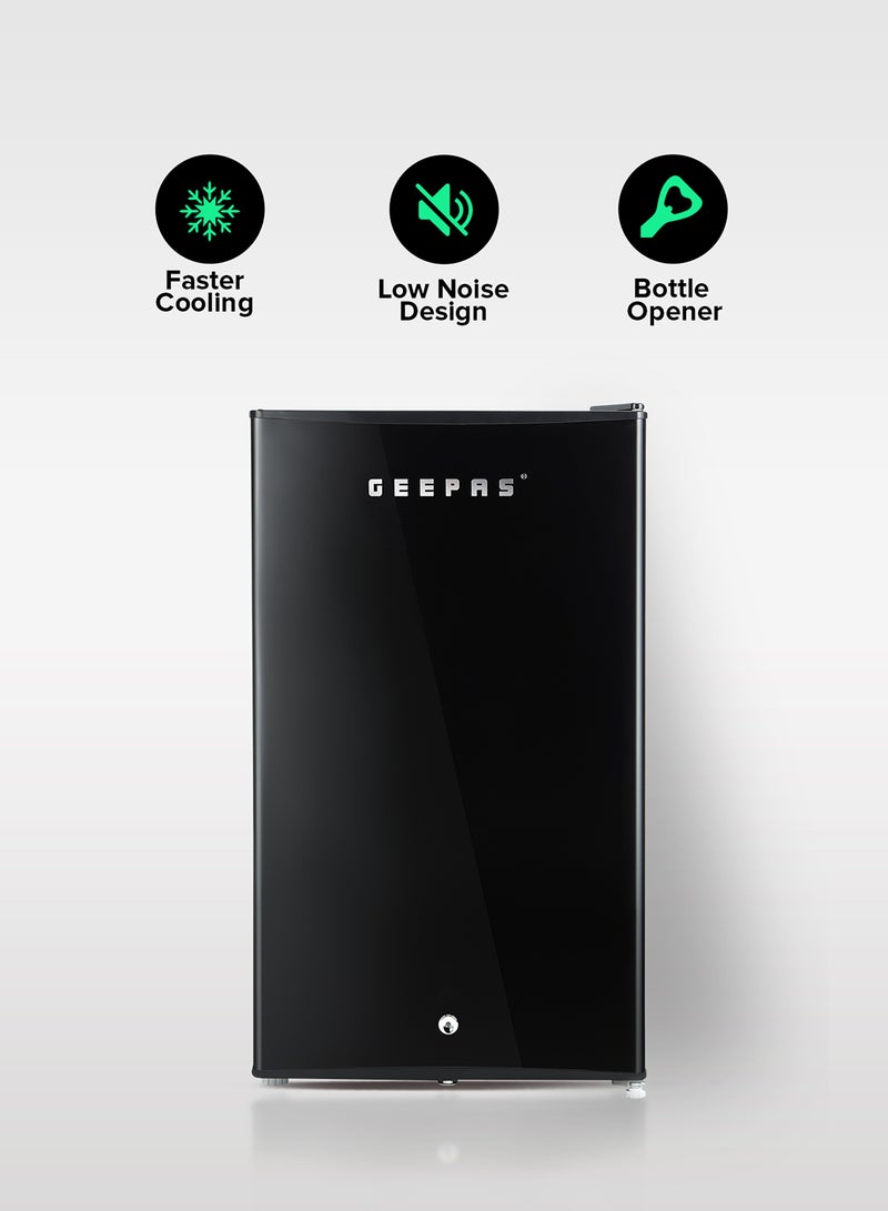 GEEPAS 120L Gross/92L Net Capacity, Single Door Mini Defrost Refrigerator With Retro Premium Design, Bottle Opener, Glass Shelves, Transparent Door Basket, Lock & Key, Low Noise, Low Voltage, Adjustable Front Wheel 120 L GRF1212BXE Black - Image 1