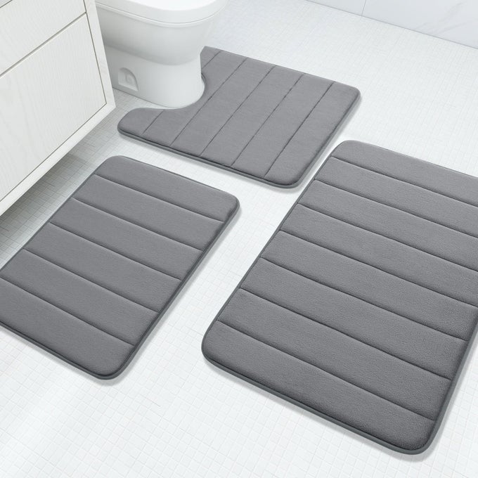 MEMORY FOAM 3 PIECES BATHROOM RUGS SET THICK SOFT ABSORBENT NONSLIP BATH MATS WASHABLE SMALLLARGECONTOUR BATH RUGS 24 X 16 30 X 20 24 X 20 GREY