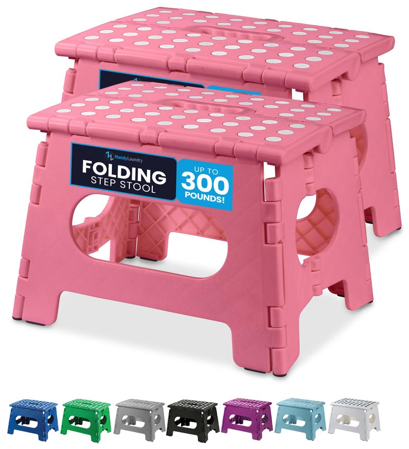 Handy Laundry Folding Lightweight Step Stool - Sturdy Enough to Support Adults and Safe Enough for Kids - Opens Easy with One Flip - Great for Kitchen, Bathroom or Bedroom (Pink | 2-Pack) - Image 1