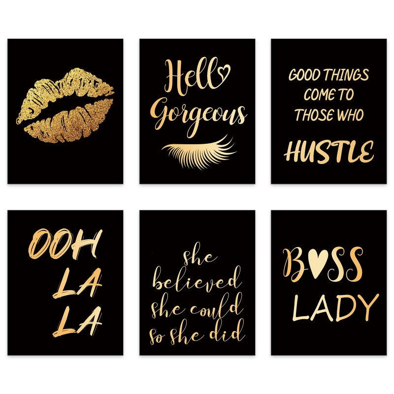 Clabby 6 Pcs Black Gold Wall Art Decor Posters Inspirational Wall Poster Boss Lady Motivational Saying 8" x 10" Print Decor Unframed Motivational Print for Women Bedroom Living Room - Image 1