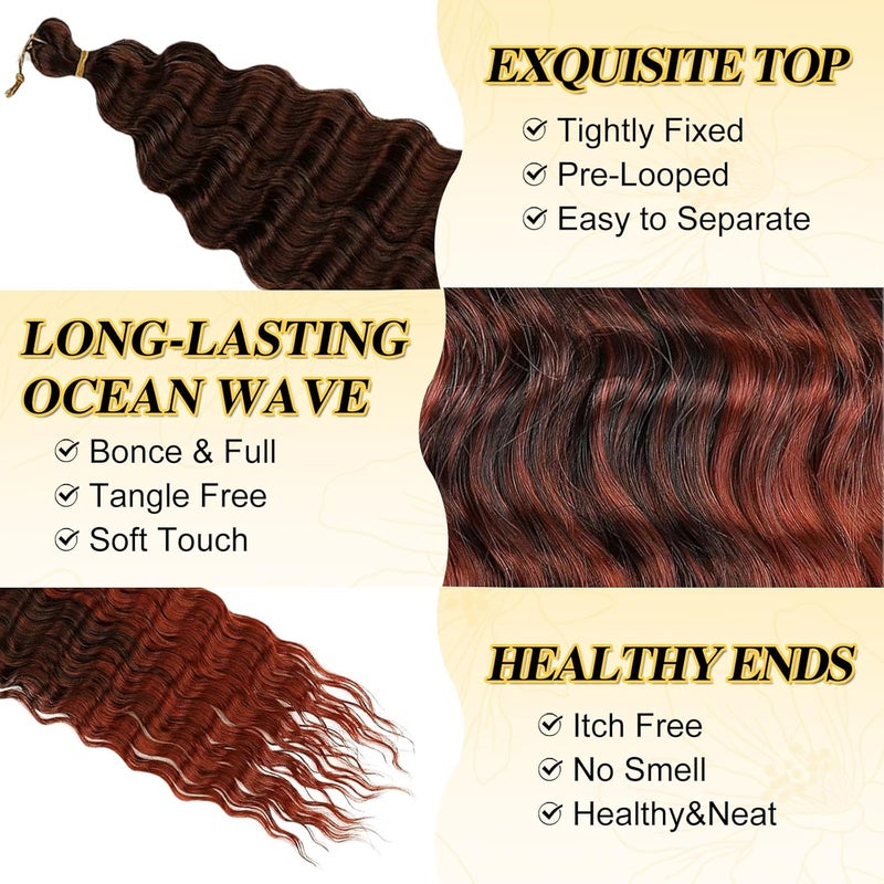 BARSDAR Ocean Wave Crochet Braiding Hair, 55 cm 6 Packs Deep Wave GoGo Curl Crochet Hair for Women Synthetic Boho Braids Long Wavy Curly Braids Hair Extension – Black Ombre Copper Red - Image 3