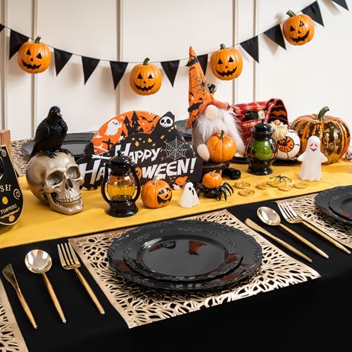 U-QE 100PCS Black Plastic Plates - Heavy Duty Halloween Disposable Plates Including 50PCS 10'' Dinner & 50PCS 7.5'' Dessert Plates - Hard Plastic Plate for Halloween & Party & Wedding - Image 3