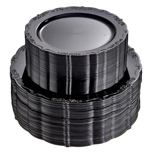 U-QE 100PCS Black Plastic Plates - Heavy Duty Halloween Disposable Plates Including 50PCS 10'' Dinner & 50PCS 7.5'' Dessert Plates - Hard Plastic Plate for Halloween & Party & Wedding - Image 1