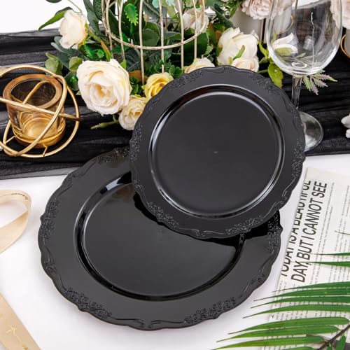 U-QE 100PCS Black Plastic Plates - Heavy Duty Halloween Disposable Plates Including 50PCS 10'' Dinner & 50PCS 7.5'' Dessert Plates - Hard Plastic Plate for Halloween & Party & Wedding - Image 5