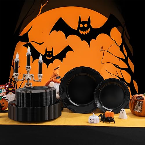 U-QE 100PCS Black Plastic Plates - Heavy Duty Halloween Disposable Plates Including 50PCS 10'' Dinner & 50PCS 7.5'' Dessert Plates - Hard Plastic Plate for Halloween & Party & Wedding - Image 4