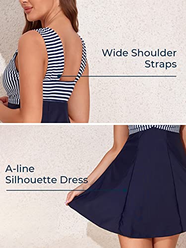 MiYang Women's One Piece High Waist Padded Swim Dress, Dark Blue Stripe, Tag Size 5XL=XXL (US 16W) - Image 5