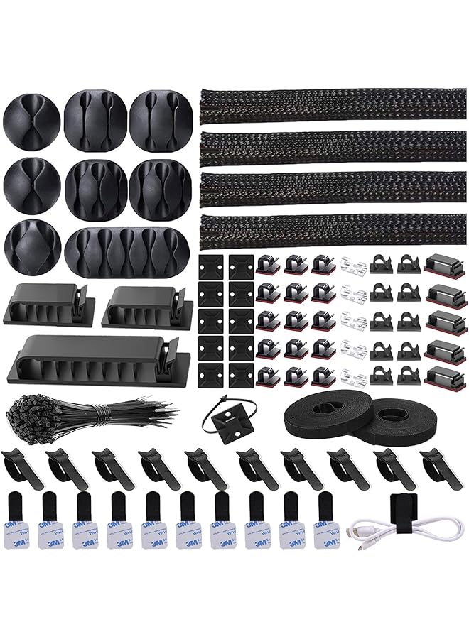 promass 192 PCS Cable Management Kit 4 Wire Organizer Sleeve,11 Cable Holder,35Cord Clips 10+2 Roll Cable Organizer Straps and 100 Fastening Cable Ties for Computer TV Under Desk - Image 1