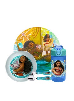 Moana Dinnerware Set Includes Plate, Bowl, Water Bottle, And Utensil Tableware, Made Of Durable Material And Perfect For Kids (Moana And Maui, 5 Piece Set, Bpa Free)