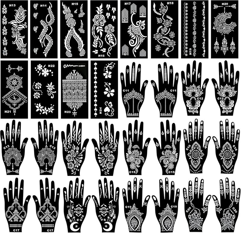 Henna Tattoo Stencils Kit, 12-Sheet Flower Henna Stencils for Hand Forearm Leg Body Glitter Airbrush DIY and 20-Sheet Henna Stencils for Hands Reusable