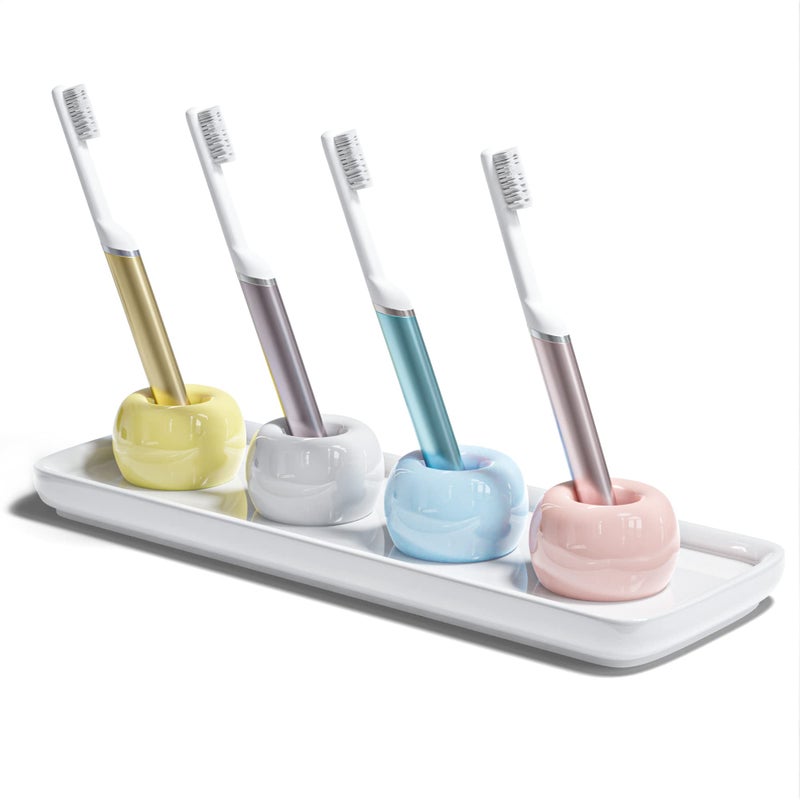 ELIKAI Small Toothbrush Holder for Bathrooms with Tray, Standing Ceramic Toothbrush Holder for Bathroom(4 Holders) - Image 1
