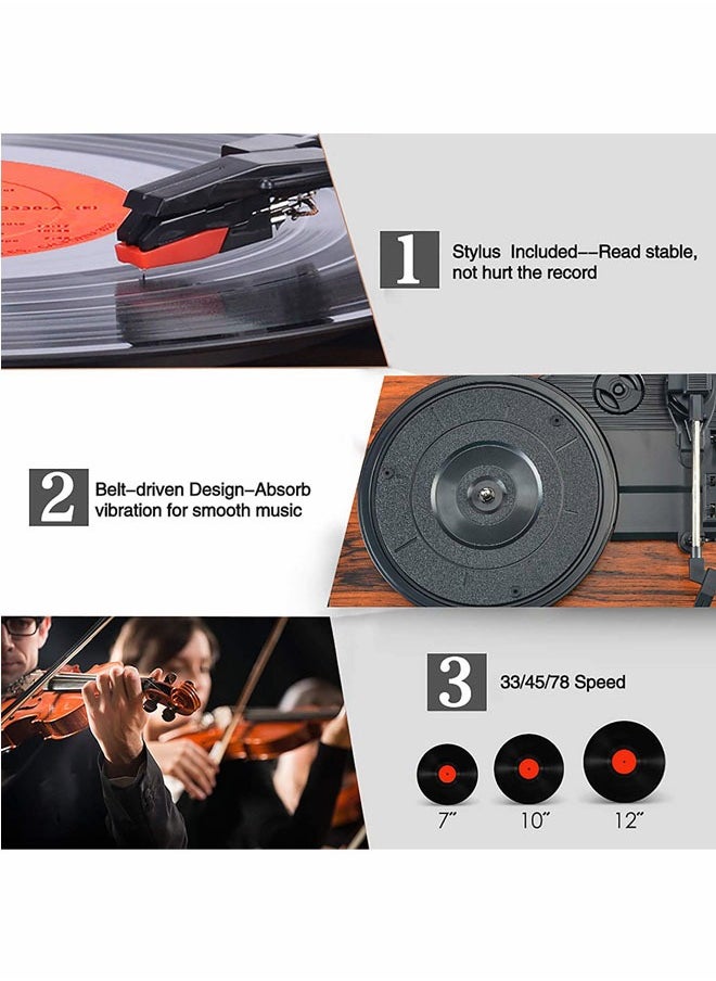 Generic - Vinyl Record Player Turntable with Built in Bluetooth Receiver 2 Stereo Speakers 3 Speed Portable Retro Record Player for Entertainment and Home Decoration Brown - Image 1