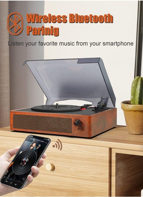 Vinyl Record Player Turntable with Built in Bluetooth Receiver 2 Stereo Speakers 3 Speed Portable Retro Record Player for Entertainment and Home Decoration Brown