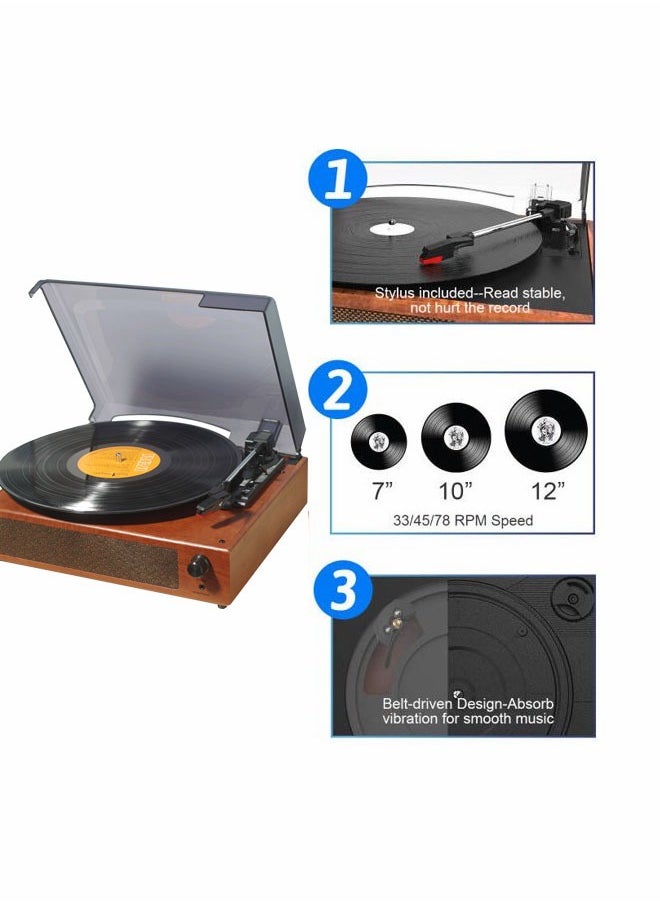 Generic - Vinyl Record Player Turntable with Built in Bluetooth Receiver 2 Stereo Speakers 3 Speed Portable Retro Record Player for Entertainment and Home Decoration Brown - Image 1