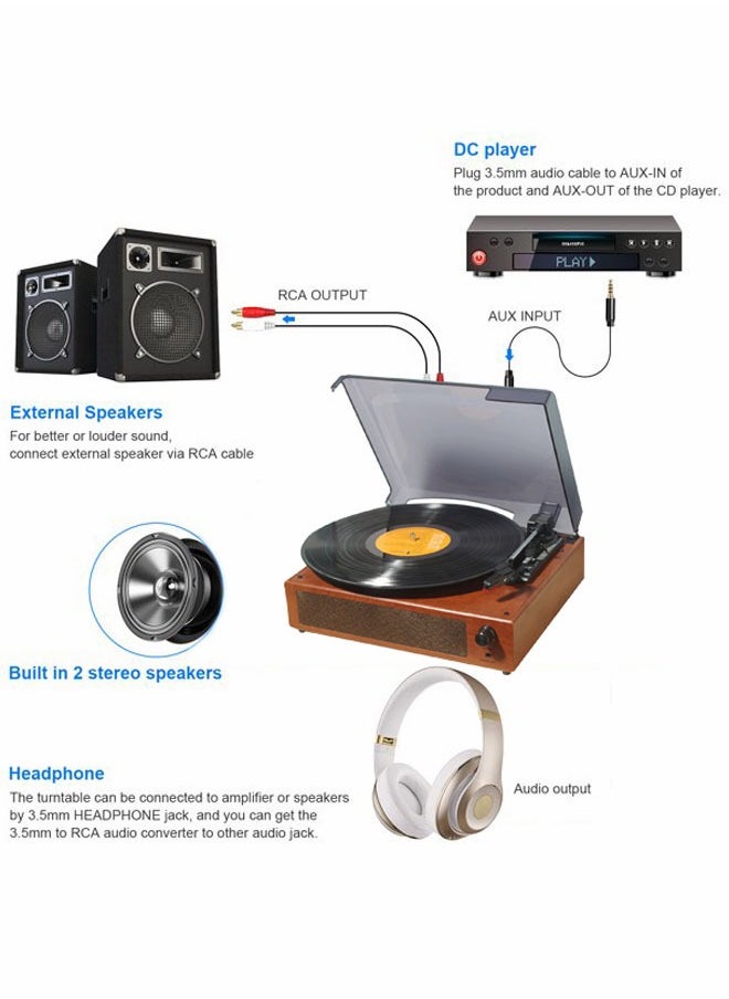 Generic - Vinyl Record Player Turntable with Built in Bluetooth Receiver 2 Stereo Speakers 3 Speed Portable Retro Record Player for Entertainment and Home Decoration Brown - Image 1