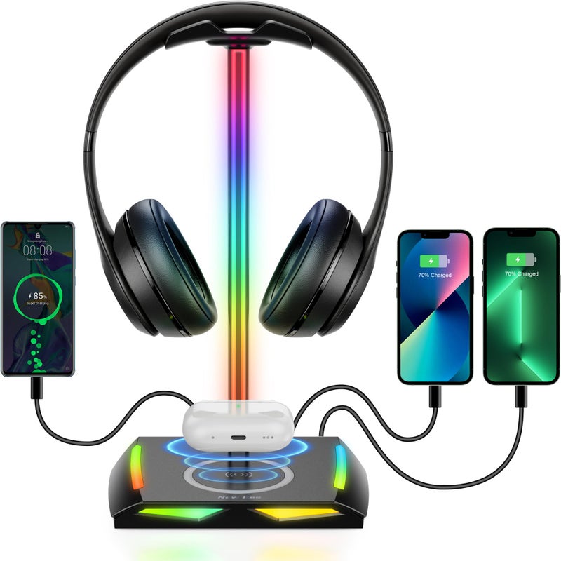 New Bee RGB Headphone Stand with 2 USBC 1 USB Charging Ports Desk Gaming Headset Holder with 7 Light Modes and NonSlip Rubber Base Suitable for All Earphone Accessories - Image 2