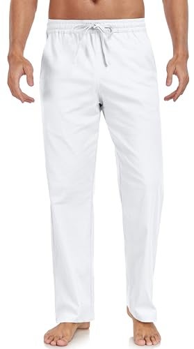 Janmid Mens Casual Linen Pants Elastic Waist Drawstring Beach Summer Pants Lightweight Linen Trousers White L - Image 1