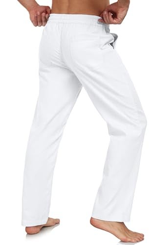 Janmid Mens Casual Linen Pants Elastic Waist Drawstring Beach Summer Pants Lightweight Linen Trousers White L - Image 2