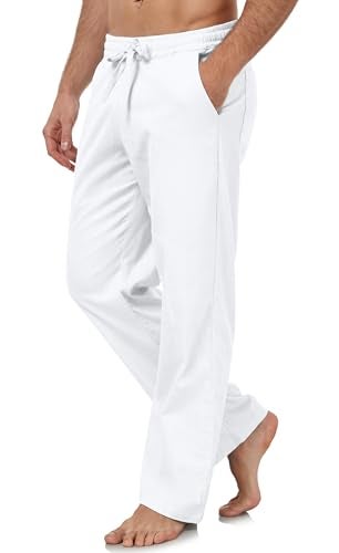 Janmid Mens Casual Linen Pants Elastic Waist Drawstring Beach Summer Pants Lightweight Linen Trousers White L - Image 3