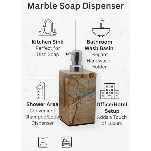 A ONE DESIGN Marble Soap Dispenser for Bathroom & Kitchen Accessories | Handwash/Shampoo/Lotion Holder | Stylish Liquid Soap Container for Wash Basin & Kitchen Sink | Easy to Press (Square, Brown) - Image 2