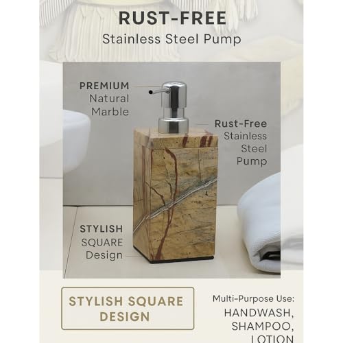 A ONE DESIGN Marble Soap Dispenser for Bathroom & Kitchen Accessories | Handwash/Shampoo/Lotion Holder | Stylish Liquid Soap Container for Wash Basin & Kitchen Sink | Easy to Press (Square, Brown) - Image 3