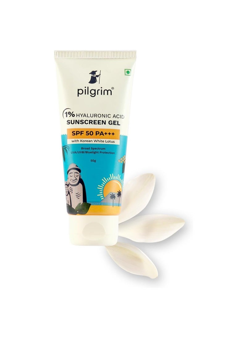 PILGRIM Pilgrim 1% Hyaluronic Acid Sunscreen Gel | Sunscreen SPF 50 +++ for men and women with Korean White Lotus | Broad spectrum, Non-greasy, No white cast & Prevents Tanning | All skin types | 50 gm  - Image 2