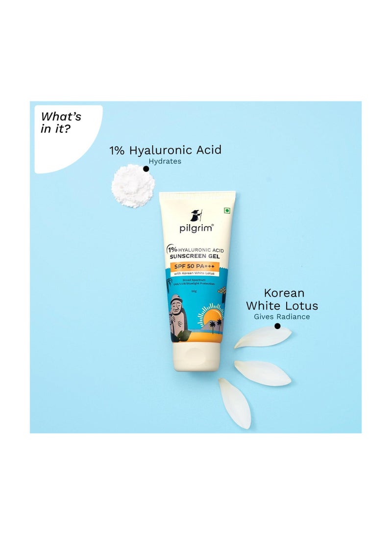 PILGRIM Pilgrim 1% Hyaluronic Acid Sunscreen Gel | Sunscreen SPF 50 +++ for men and women with Korean White Lotus | Broad spectrum, Non-greasy, No white cast & Prevents Tanning | All skin types | 50 gm  - Image 1