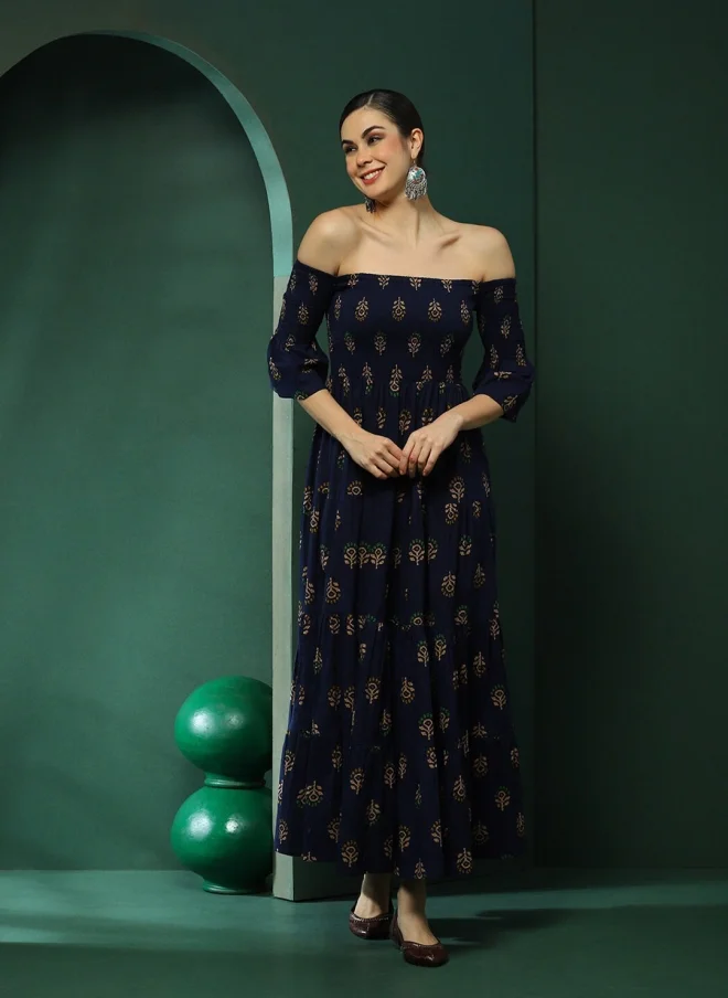 أيه كيه إس Navy Blue Floral Print Off-Shoulder Maxi Dress for Women