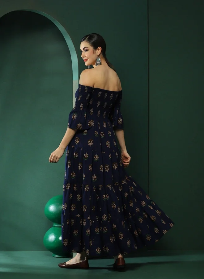 أيه كيه إس Navy Blue Floral Print Off-Shoulder Maxi Dress for Women