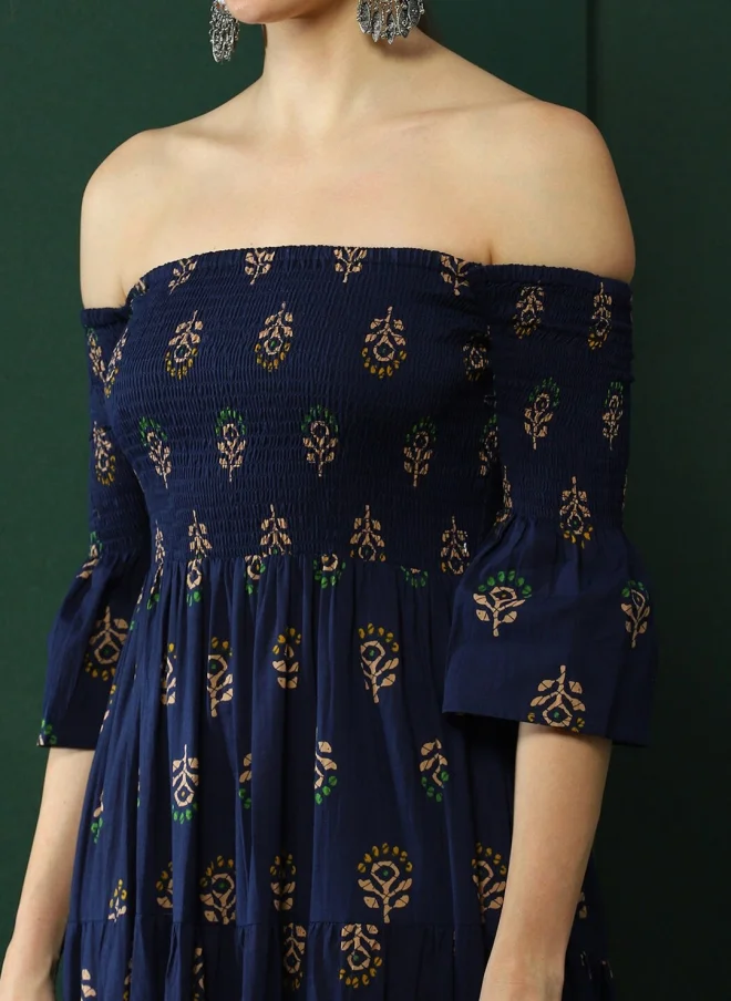 أيه كيه إس Navy Blue Floral Print Off-Shoulder Maxi Dress for Women