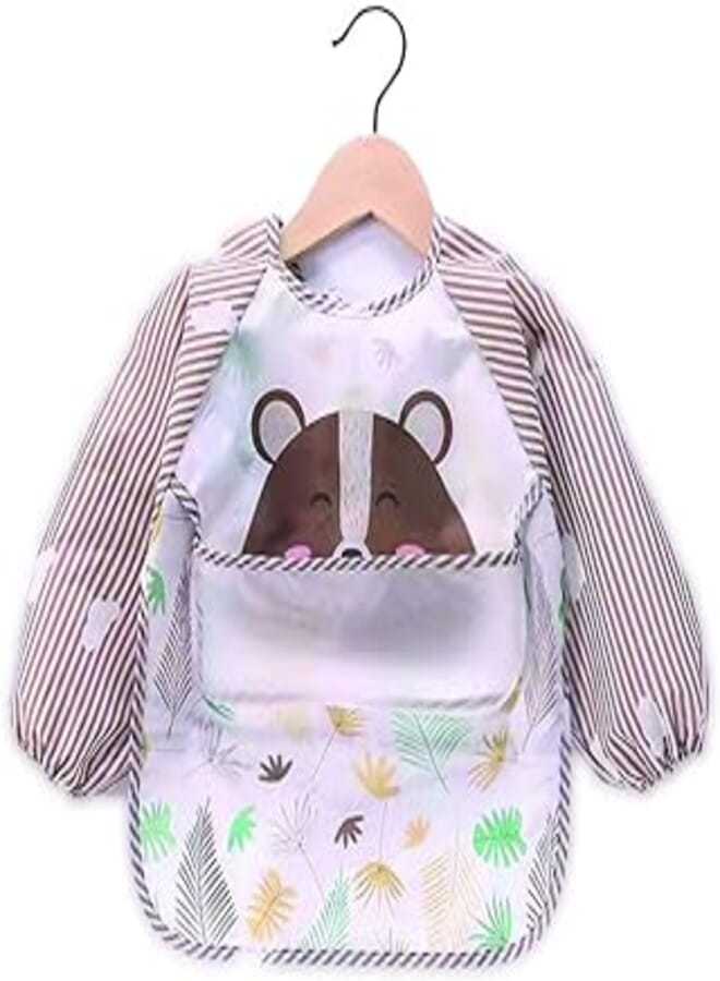 Mix and Max Mix&Max Baby Bib Long Sleeves With Silicone Pocket Printed Bear For Unisex-Brown