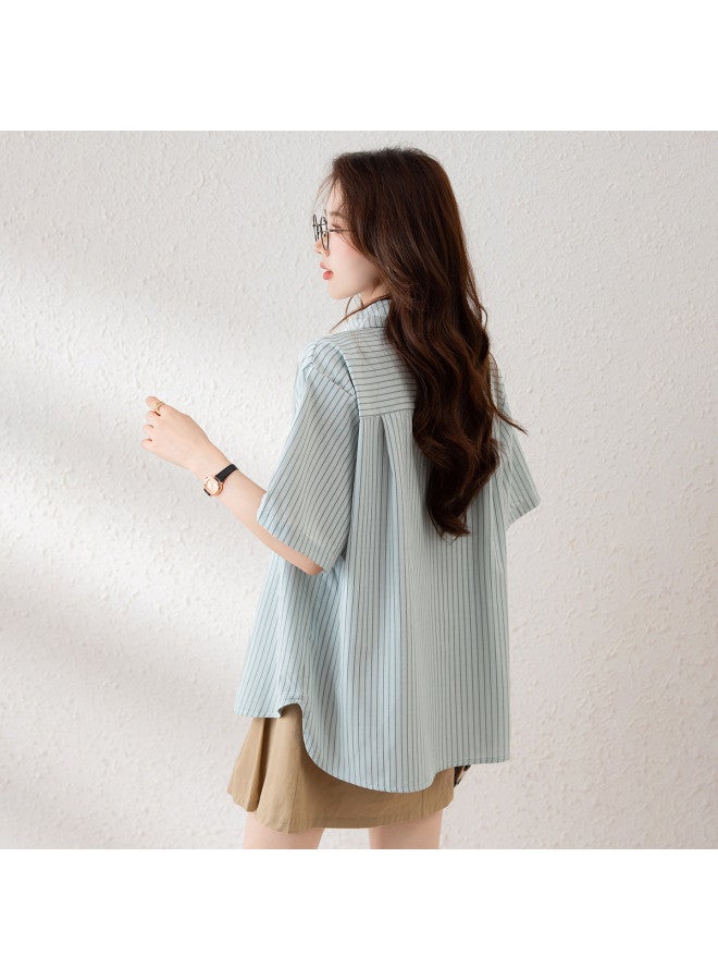 TonLion 2025 Summer Women's Korean-style Minimalist Office Wear Stretch Turn-down Collar Vertical Stripe Embroidered Short-sleeve Shirt - Image 5