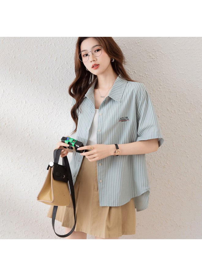 TonLion 2025 Summer Women's Korean-style Minimalist Office Wear Stretch Turn-down Collar Vertical Stripe Embroidered Short-sleeve Shirt - Image 3