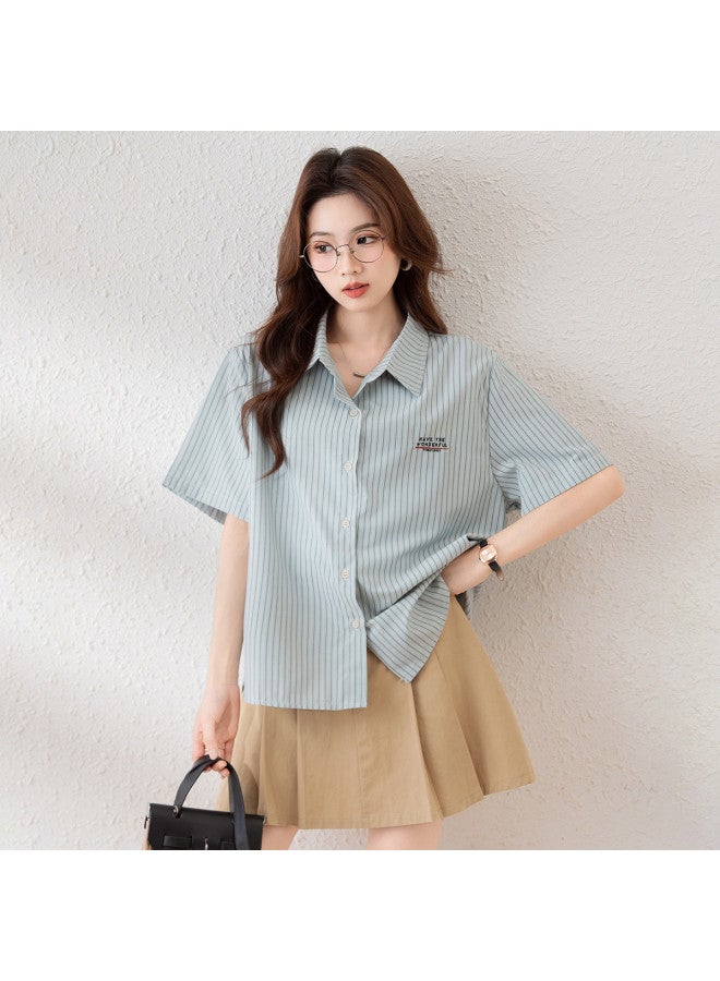 TonLion 2025 Summer Women's Korean-style Minimalist Office Wear Stretch Turn-down Collar Vertical Stripe Embroidered Short-sleeve Shirt - Image 4