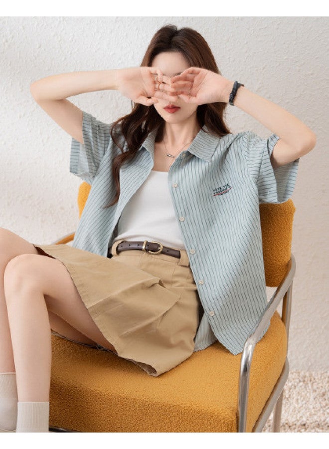 TonLion 2025 Summer Women's Korean-style Minimalist Office Wear Stretch Turn-down Collar Vertical Stripe Embroidered Short-sleeve Shirt - Image 1