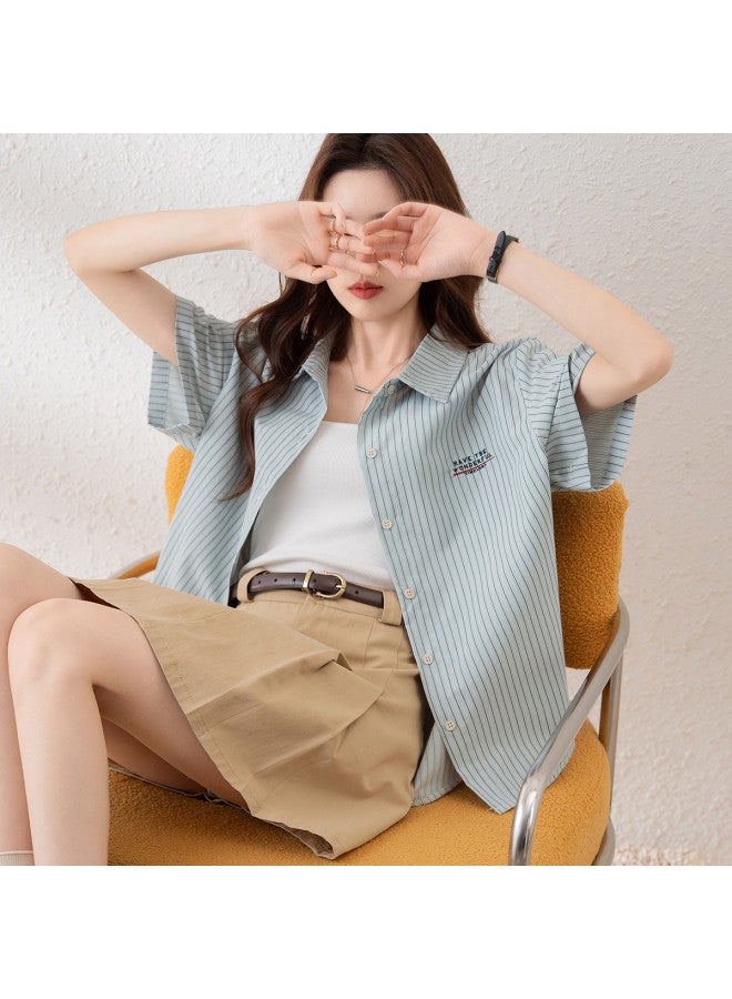 TonLion 2025 Summer Women's Korean-style Minimalist Office Wear Stretch Turn-down Collar Vertical Stripe Embroidered Short-sleeve Shirt - Image 2